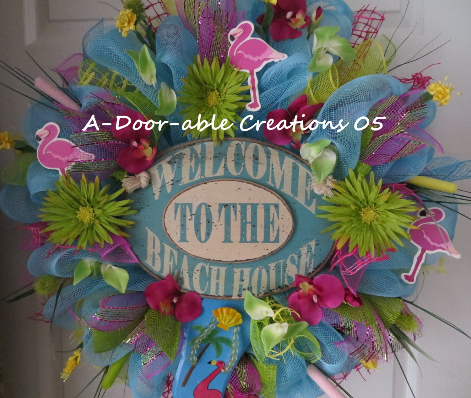 10.00 OFF..Use Coupon Code..Welcome, Flip Flop, Pink Flamingos, Beach Deco Mesh Wreath