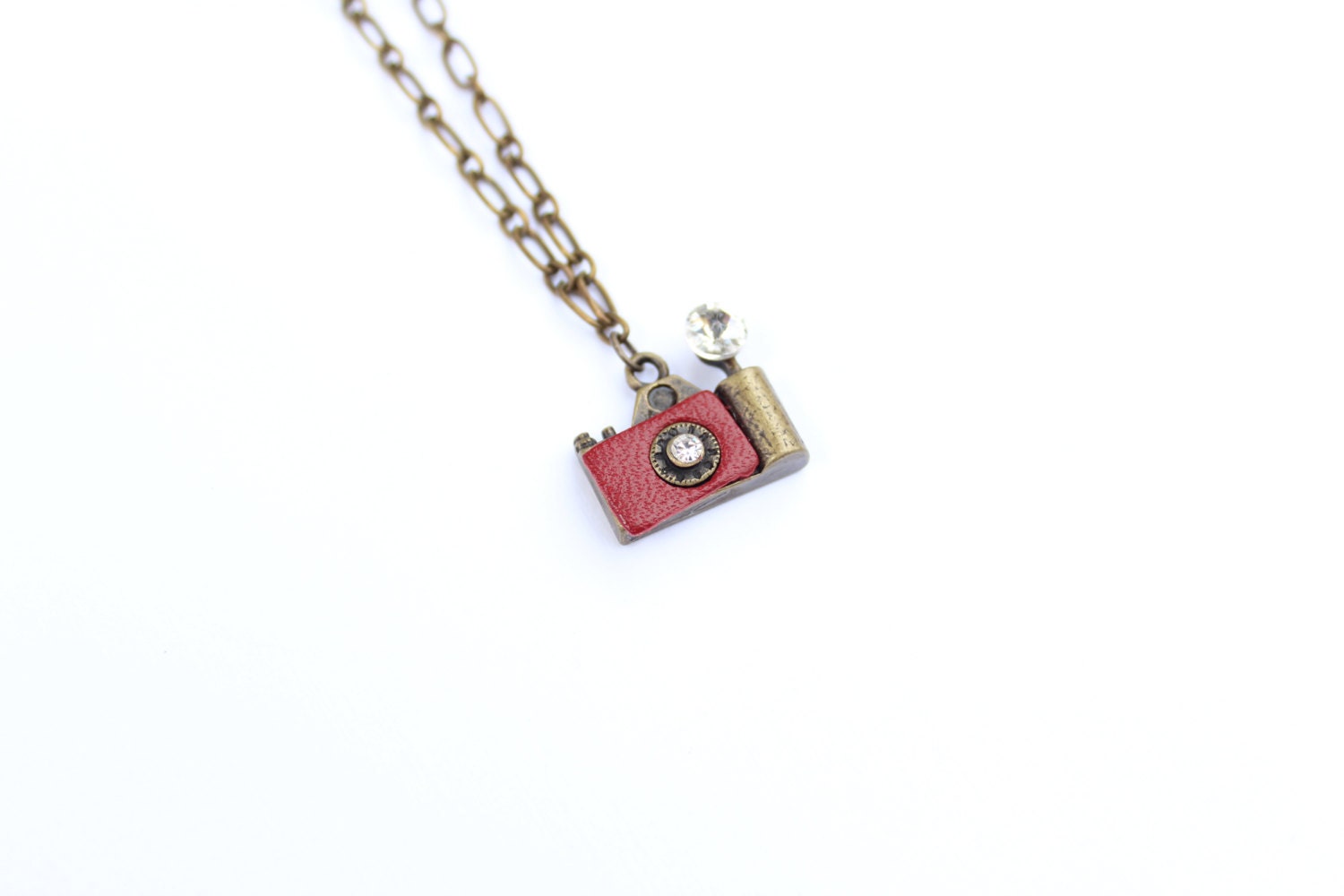 Camera - antique bronze and red leather camera charm - antique bronze chain - simple necklace