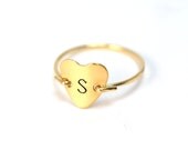 Personalized Custom Letter Initial Monogram Stamped Hammered Round Circle Heart Disk Love Charm Signet Ring Valentine Jewelry