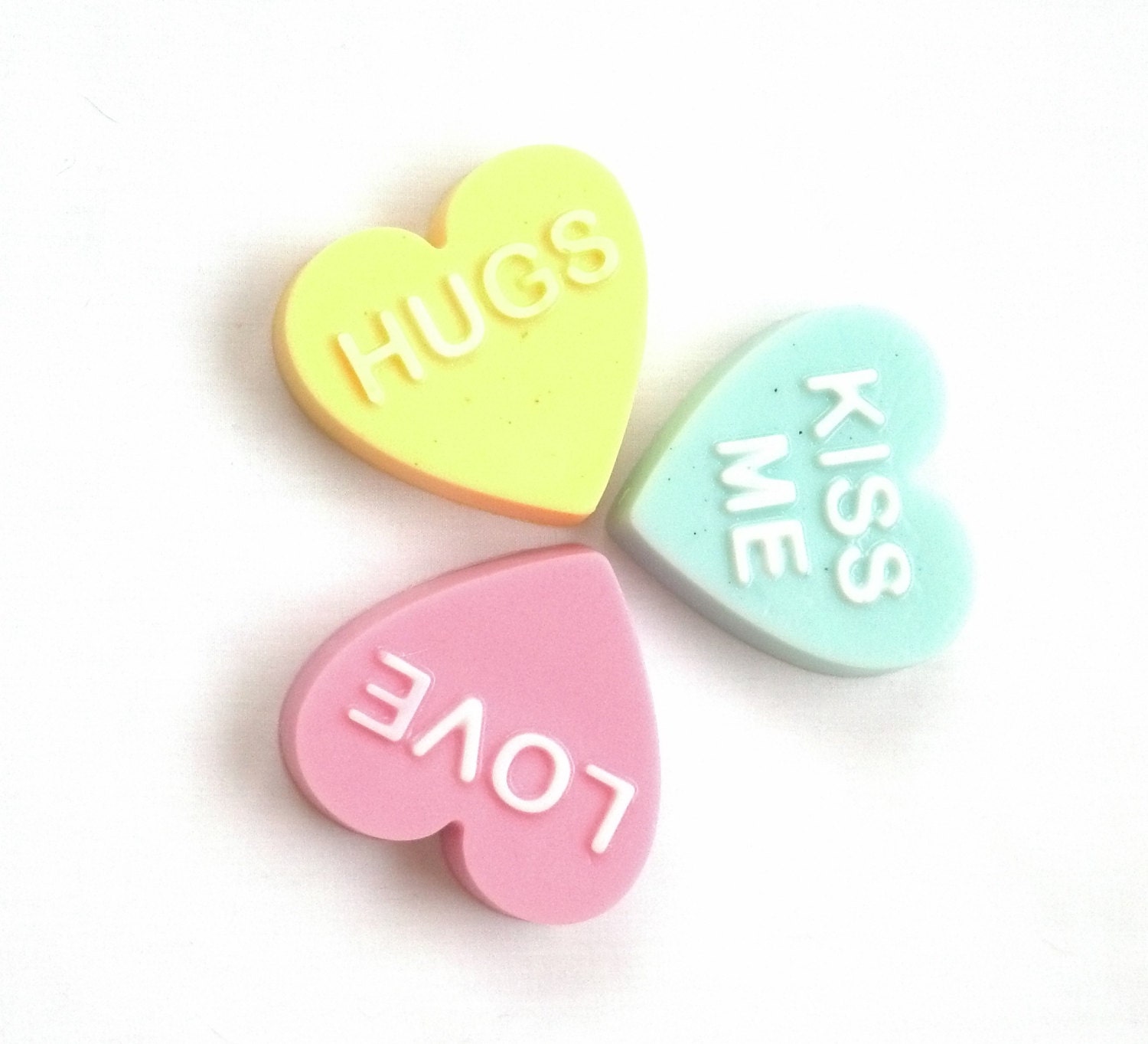 Three Conversation Heart Guest Soaps in Pear, Lemon Cake, and Red Apple fragrances by Lavish Handcrafted