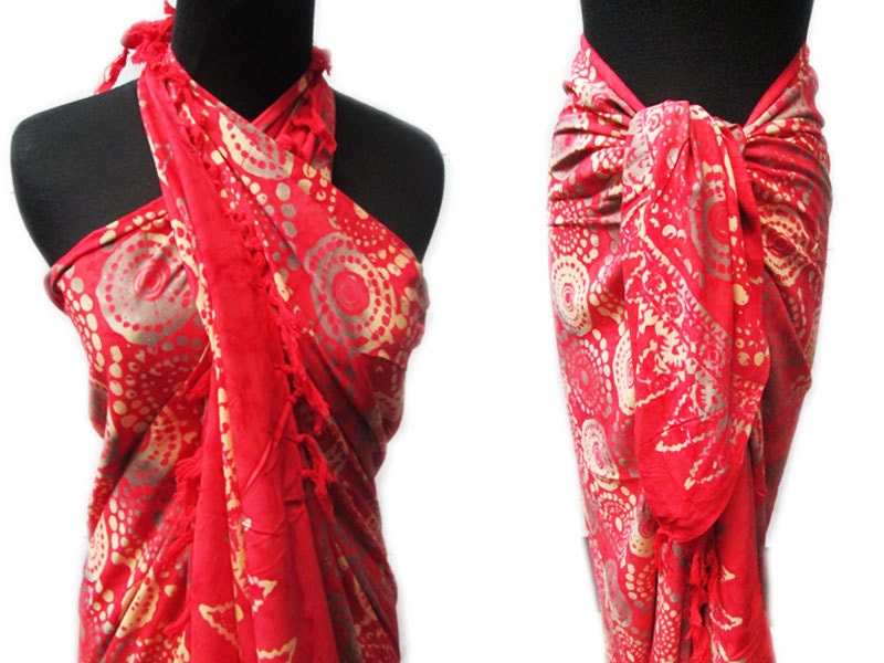 BATIK Beach Sarongs, Bali Sarong, Beach Cover up, Large Shawl, Batik Pareo, HANDMADE, Red, Rayon, Size 47 x 71 inches.