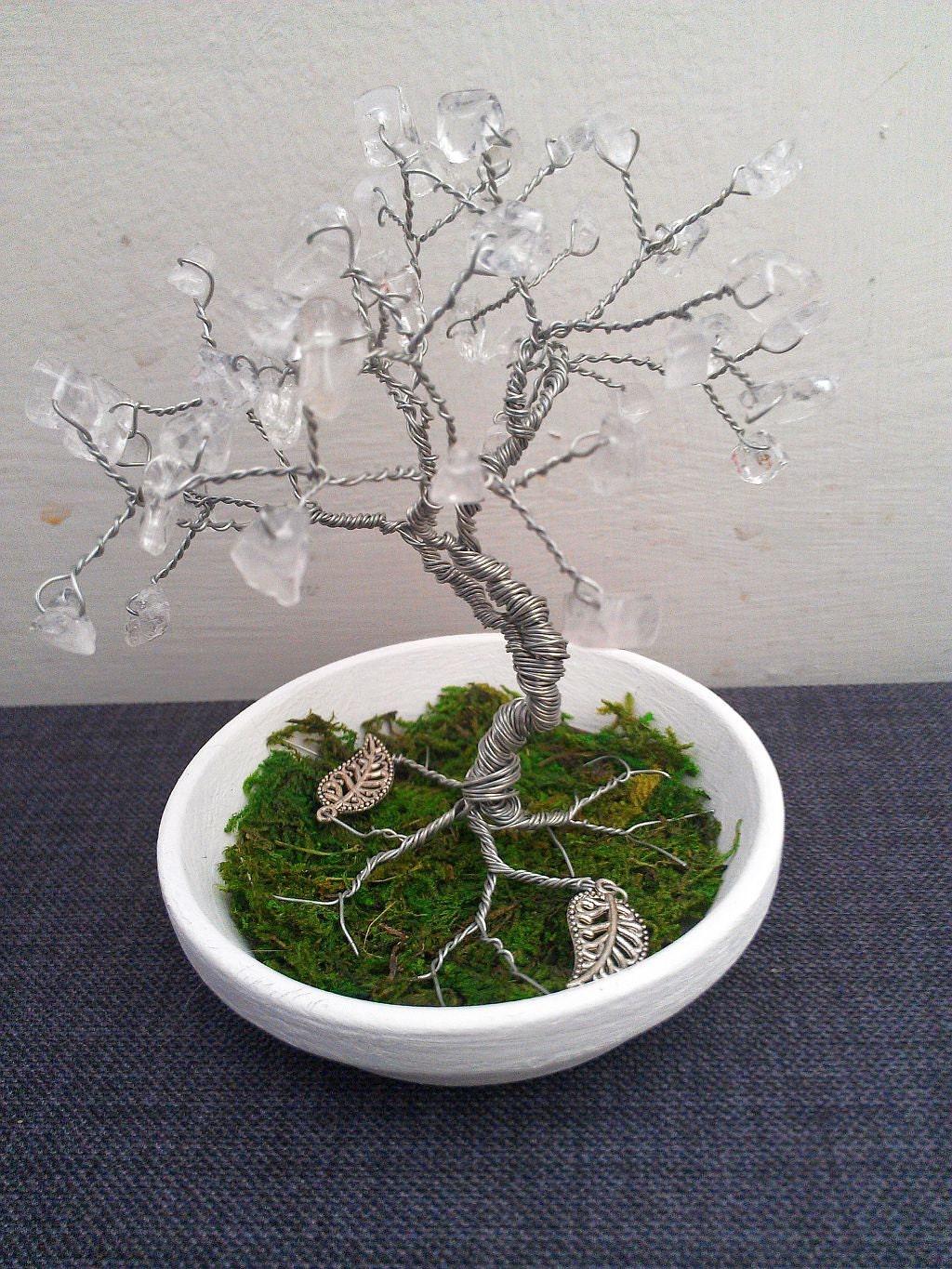 Snowy White TINY Wire GEM TREE Clear Quartz Gemstone / Moss Grass / Mini Zen Garden Home Decor