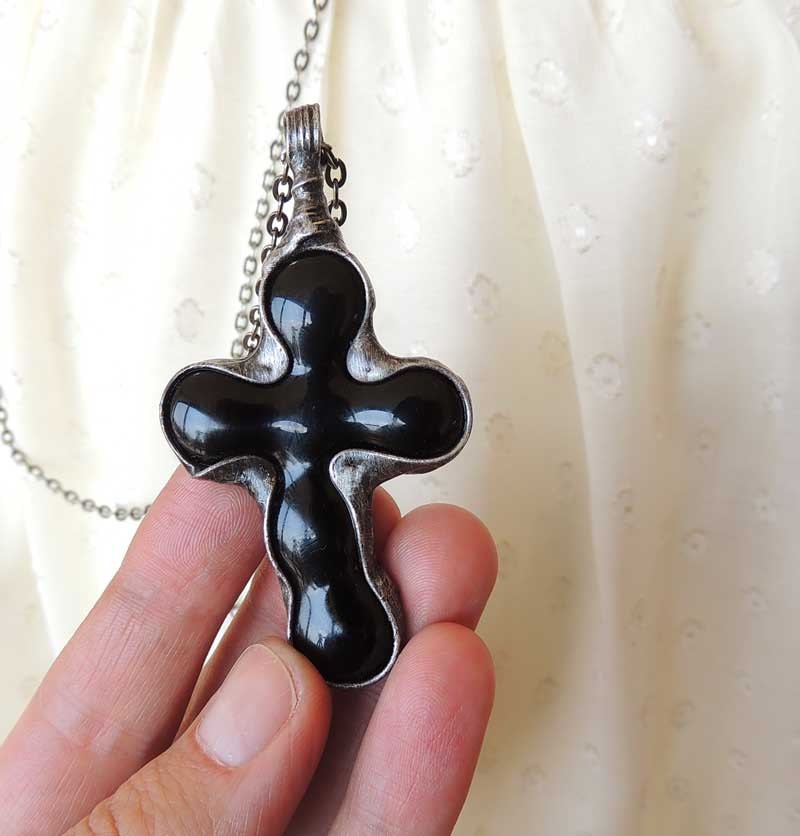 black cross, Special necklace by MARIAELA, pink pendant, nostalgic, one of a kind, spring, turquoise cross, cross glass, blue