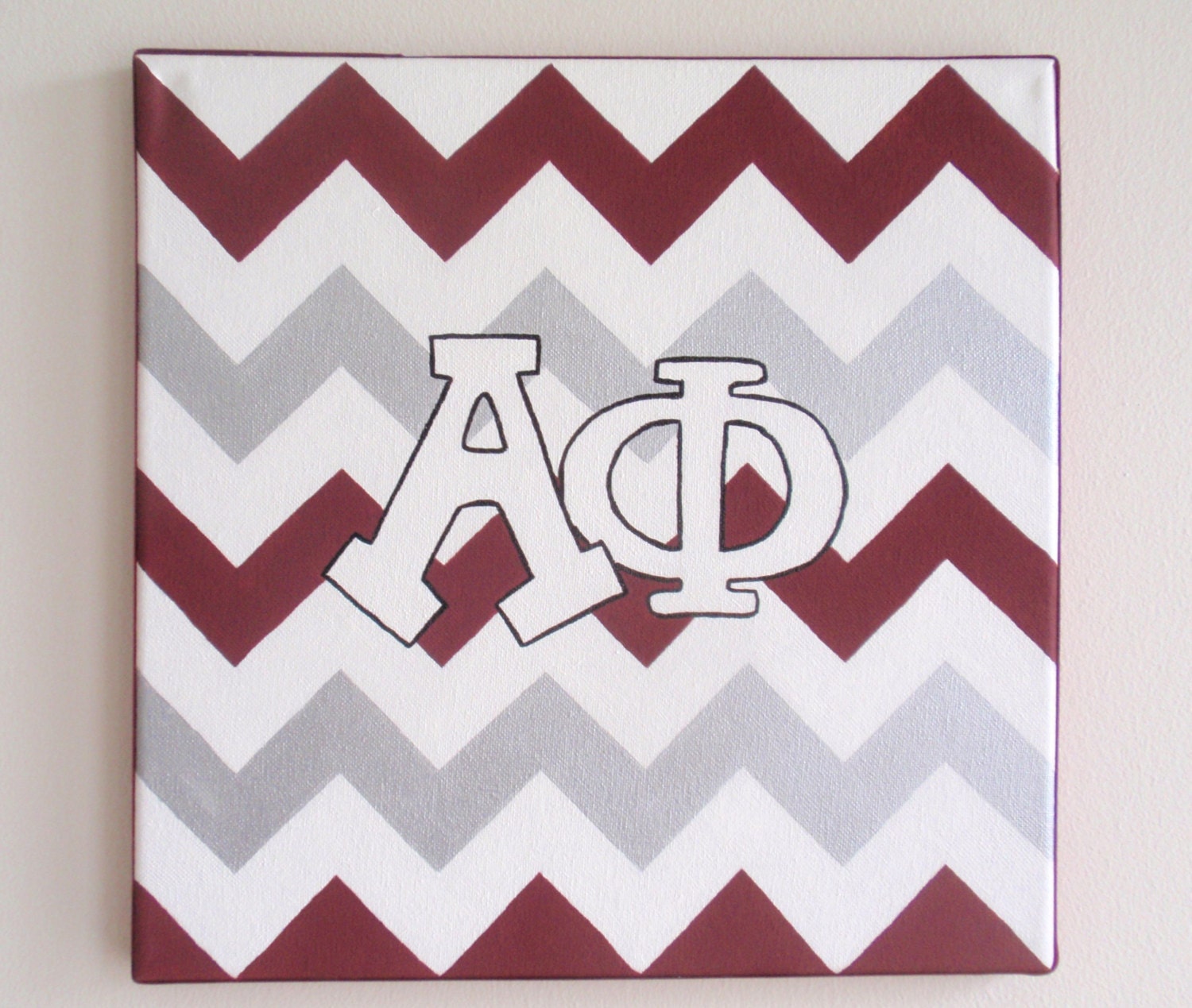 hand painted Alpha Phi letters outline with chevron background 12x12 canvas OFFICIAL LICENSED PRODUCT