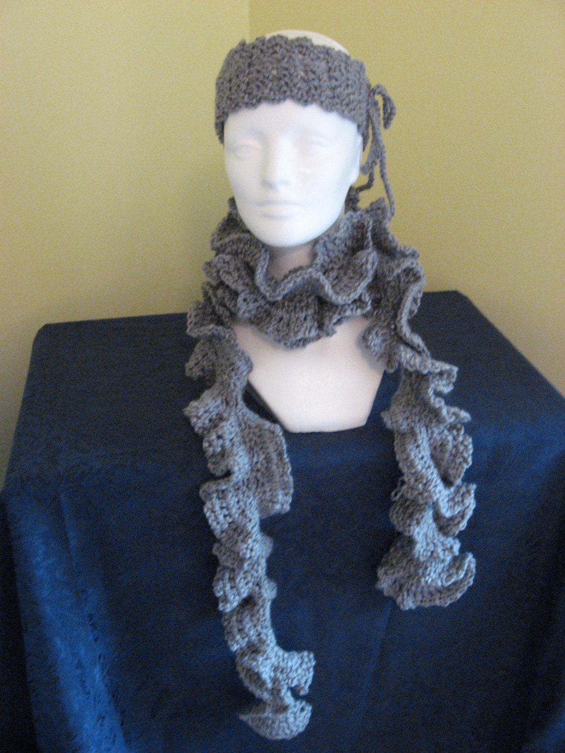 Long Grey Ruffle Scarf with Matching Headband