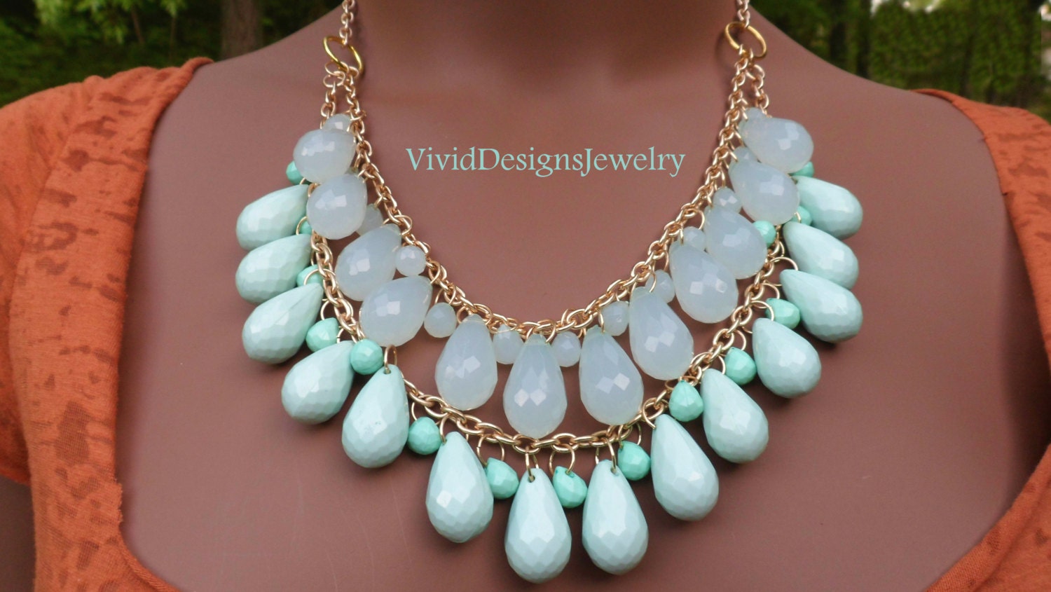 Seafoam Green Teardrop Statement Necklace - Anthropologie and J Crew Inspired - Layered  Briolette Chunky Bib Bubble Statement Necklace.