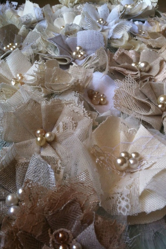 Set of 48, Handmade Linen & Lace Fabric Flowers, Wholesale Flowers, Appliqués, Floral Embellishments, Rustic, Wedding Decorations