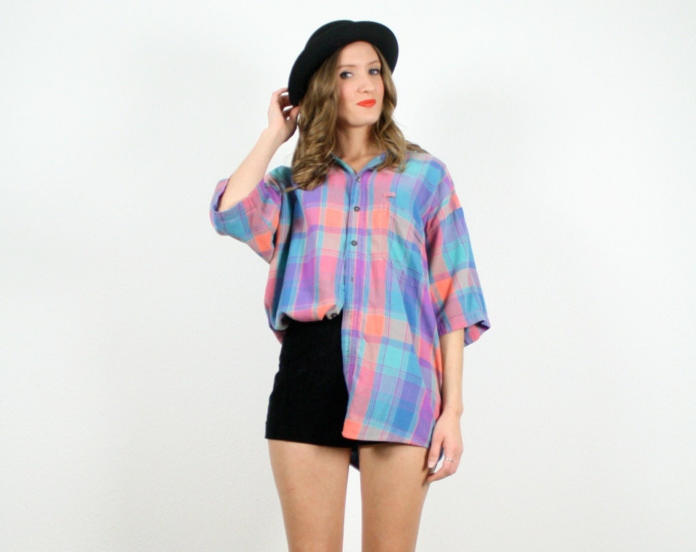 Vintage M L XL Bright Pink Orange Teal Grunge Flannel Plaid Hooded Shirt Top