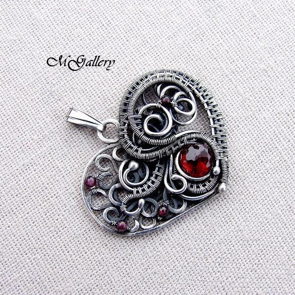 Silver pendant - heart -  wire wrapped - garnet -Free pendant with Swarovski crystal - GaleriaM