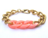 Zoe Arm Candy Blossom - Coral Peach Orange Plastic Link Bracelet on a Textured Gold Curb Chunky Chain Bracelet - Arm Candy