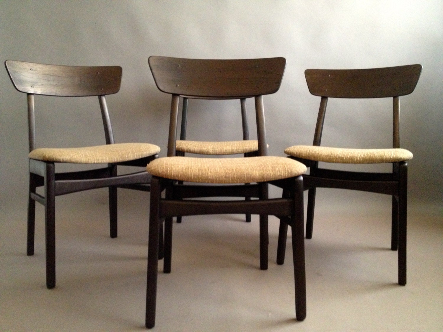 Mid Century Dining Chair Set -Sculptural Vintage MCM Seats -Ebonized Danish Style Frames -Gorgeous Nubby Gold Boucle