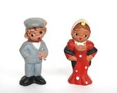 Miniature Vintage Figurines Couple Man with Cigarette and Woman with Shawl Russian Couple