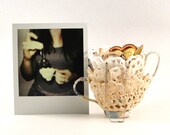 Lace Teacup - Doily and Vintage Atlas Paper White Teacup - Holds jewelry, keepsakes and trinkets
