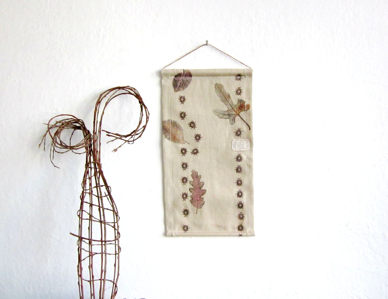 Wall Hanging on leaves and  beetles- Hand stamped fabric, OOAK