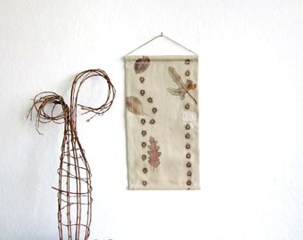 Wall Hanging on leaves and  beetles- Hand stamped fabric, OOAK