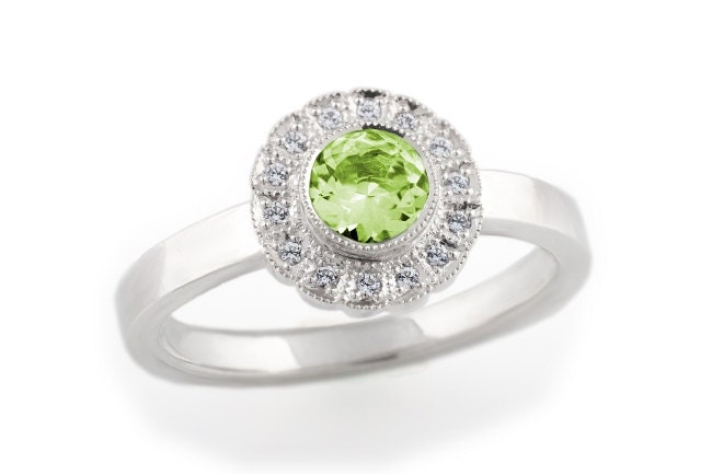 Demantoid Garnet and Diamond Engagement Ring. White Gold. Vintage Style. Halo Ring. Millegrain. Light Green.