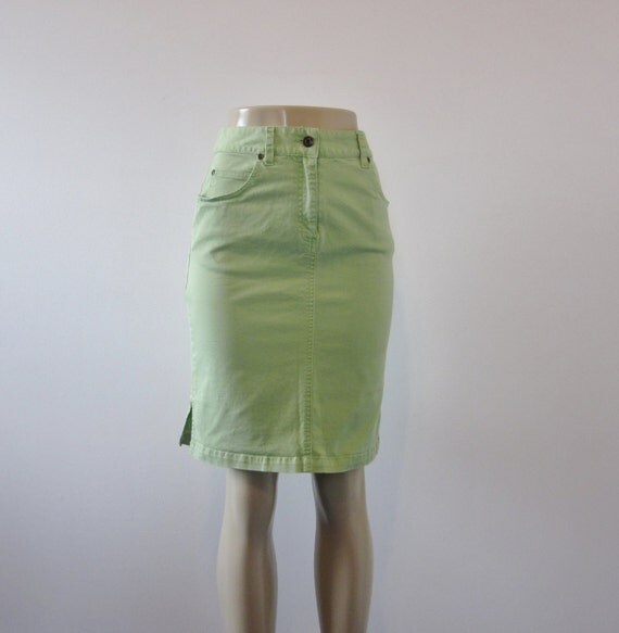 Vintage High Waisted Denim Skirt Lime Green Jean by GroovyGirlGarb