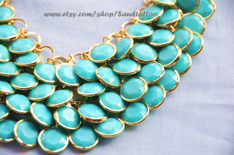 Sale- Aqua- Turquoise- Round Facet Bib Necklace, Bubble statement necklace, Easter Gift, Mermaid Gift