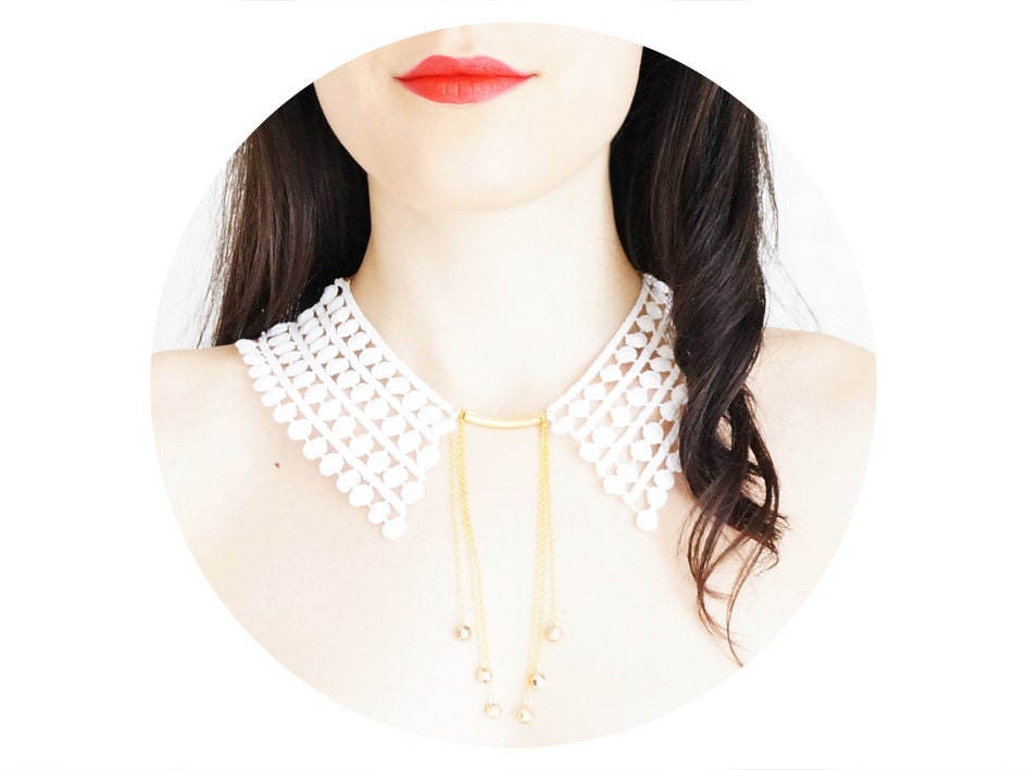 Rakolia // Handmade White Cotton Lace Collar Wedding Bride Necklace Applique Blouse Accessories Peter Pan Collar Golden Brass