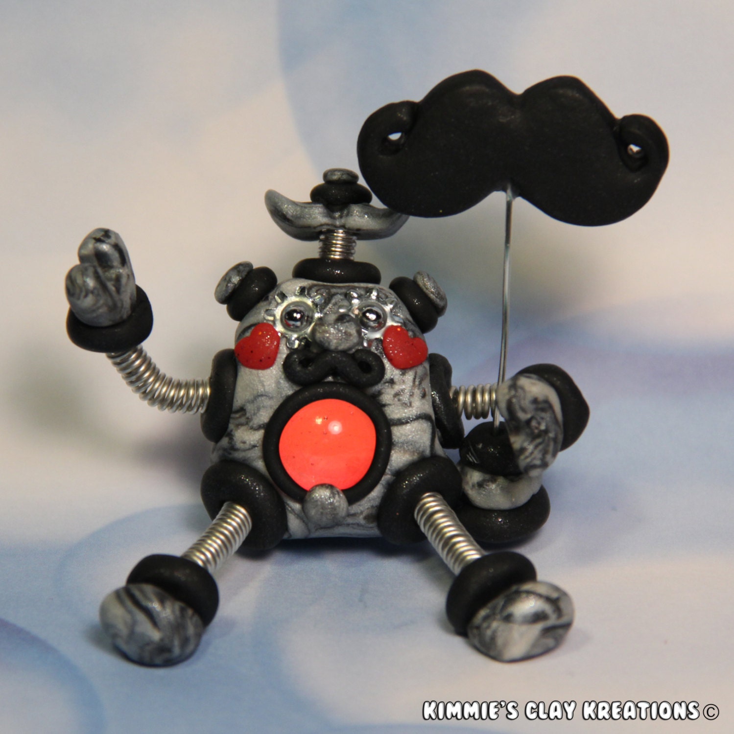 Polymer Clay Robot I Love Mustaches LED Color Changing Figurine - Miniature Whimsical Character Sculpture - BubbleBellyBotBaby