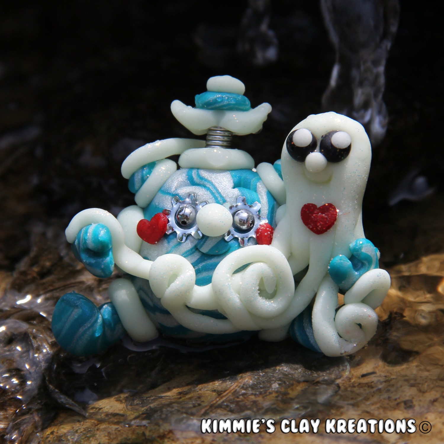 Polymer Clay Robot  I Love Octopuses Glow Figurine - Miniature Whimsical Character Sculpture - Simply Charming Mini Aquatic Sea Robots