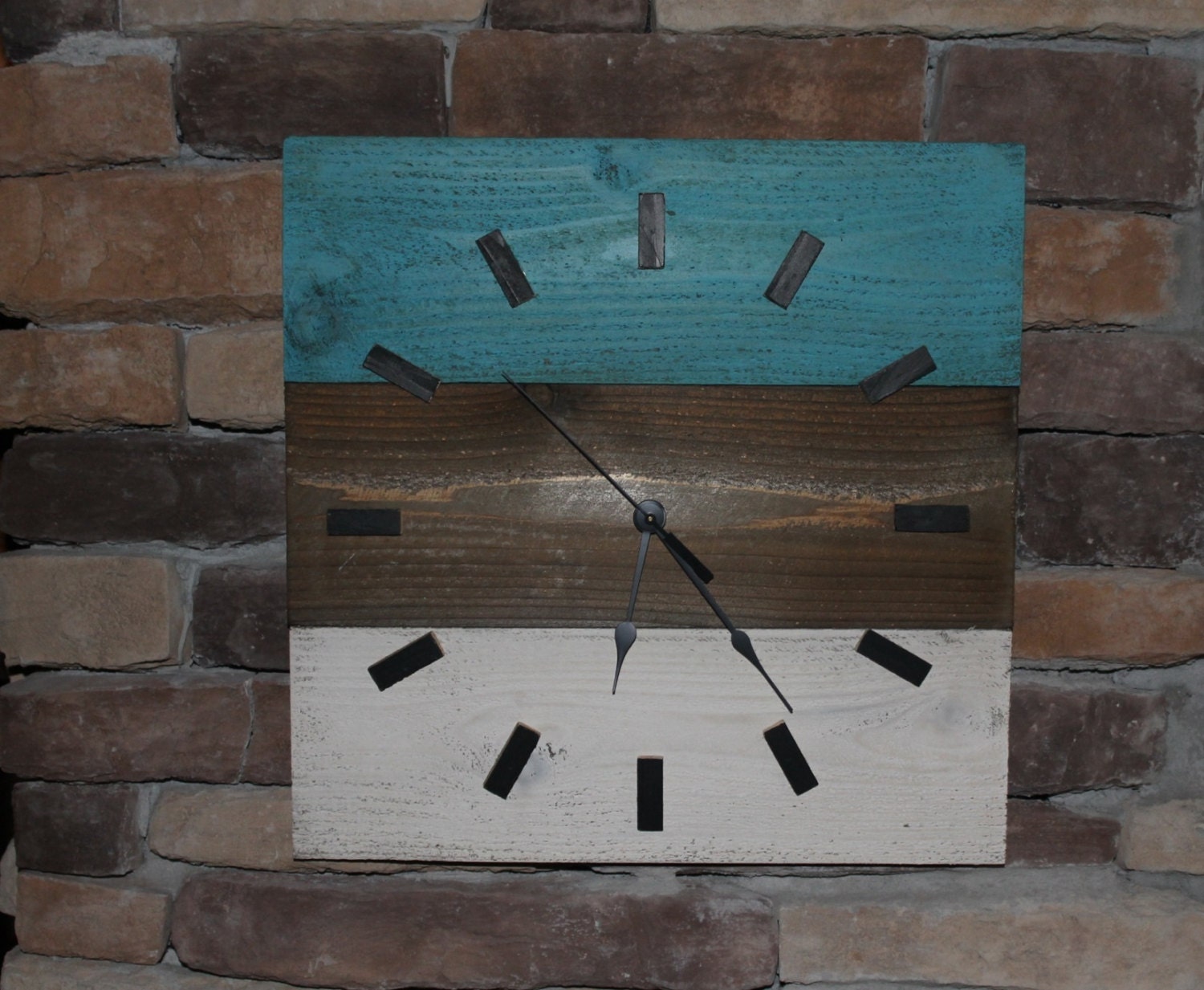 Wood clock, rustic wall clock turquoise and cream