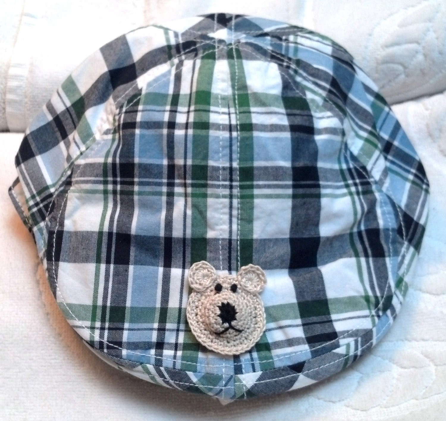 Baby Boys Newsboy Golf Hat -  Handmade Teddy Bear Face - Blue, Green, White Plaid - Three Sizes: 12-24m, 2T-3T, 4T-5T