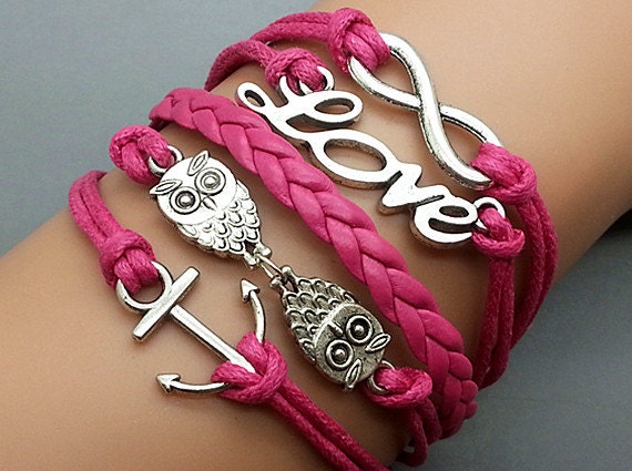 Silver Infinity Love Owls Anchor Bracelet Rose Ropes Rose Braided Bracelet Personalized Charm Jewelry  Friendship Gift