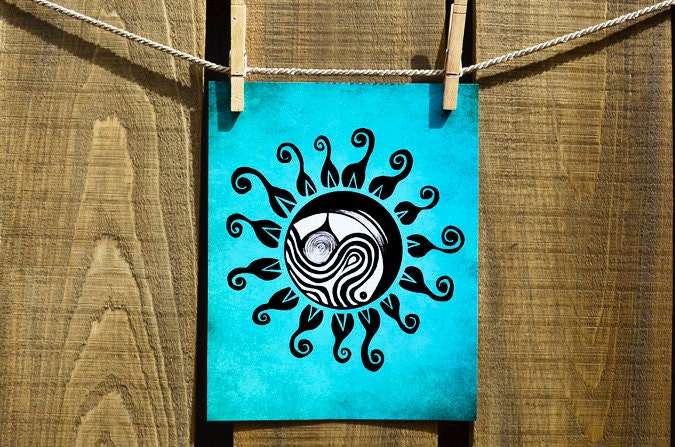 Poster Print 8x10 - Turquoise Ocean Sun - of Fine Art Illustration for Your Wall Decor
