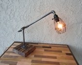 Edison Trouble Light Desk Lamp, Metal Pipe, Reclaimed Wood Base - BULB INCLUDED / Vintage Industrial Lamp / Steampunk Light / Table Lamp
