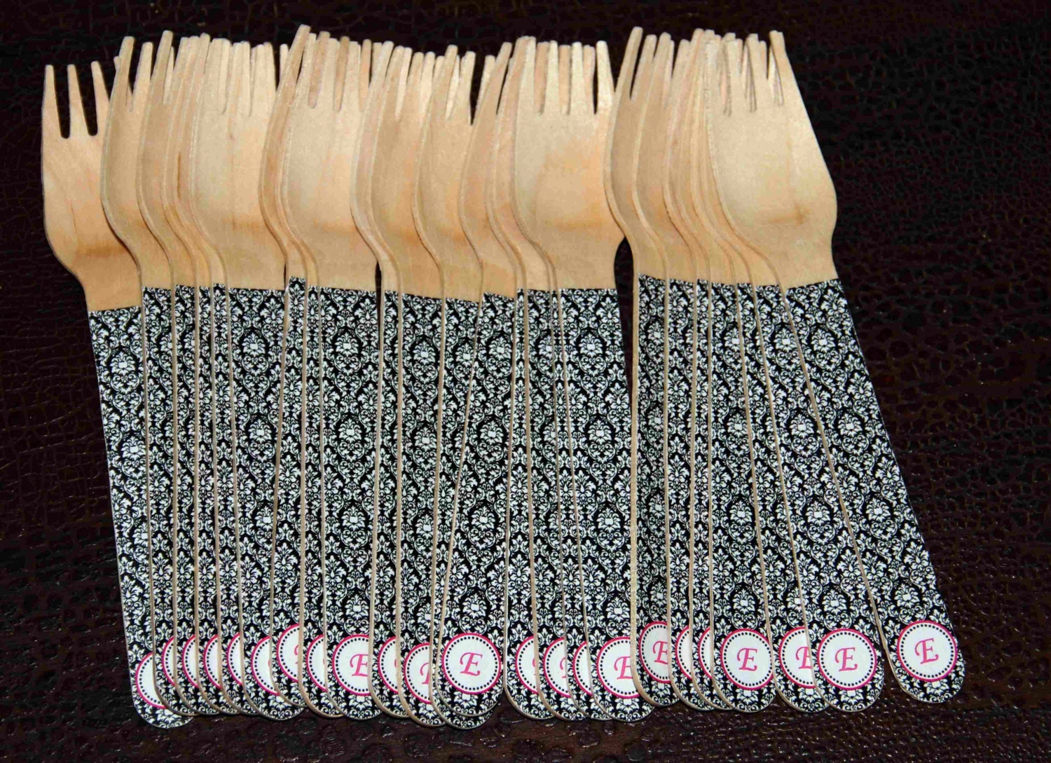 24 Wooden Forks or Spoons- Black and White Damask Il_170x135