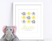 Nursery Wall Art Print Custom (Baby Name Print and Birth Stats) 8x10 Yellow & Gray Elephants, Baby Shower Gift