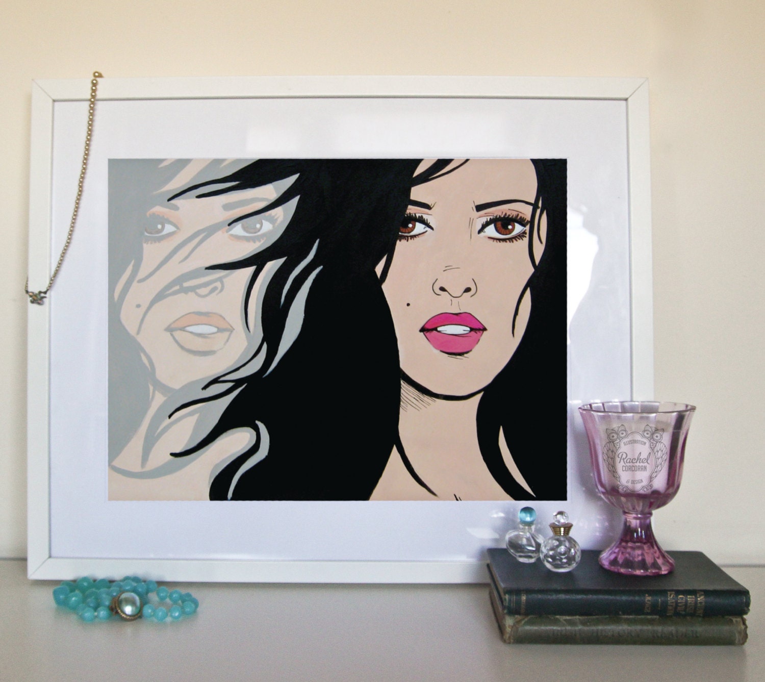 Original Illustration - Acrylic Painting - Poster Print - Shadow - Ghost World - Black Hair - Pink Lips - Ethereal - Twin - Surreal Art