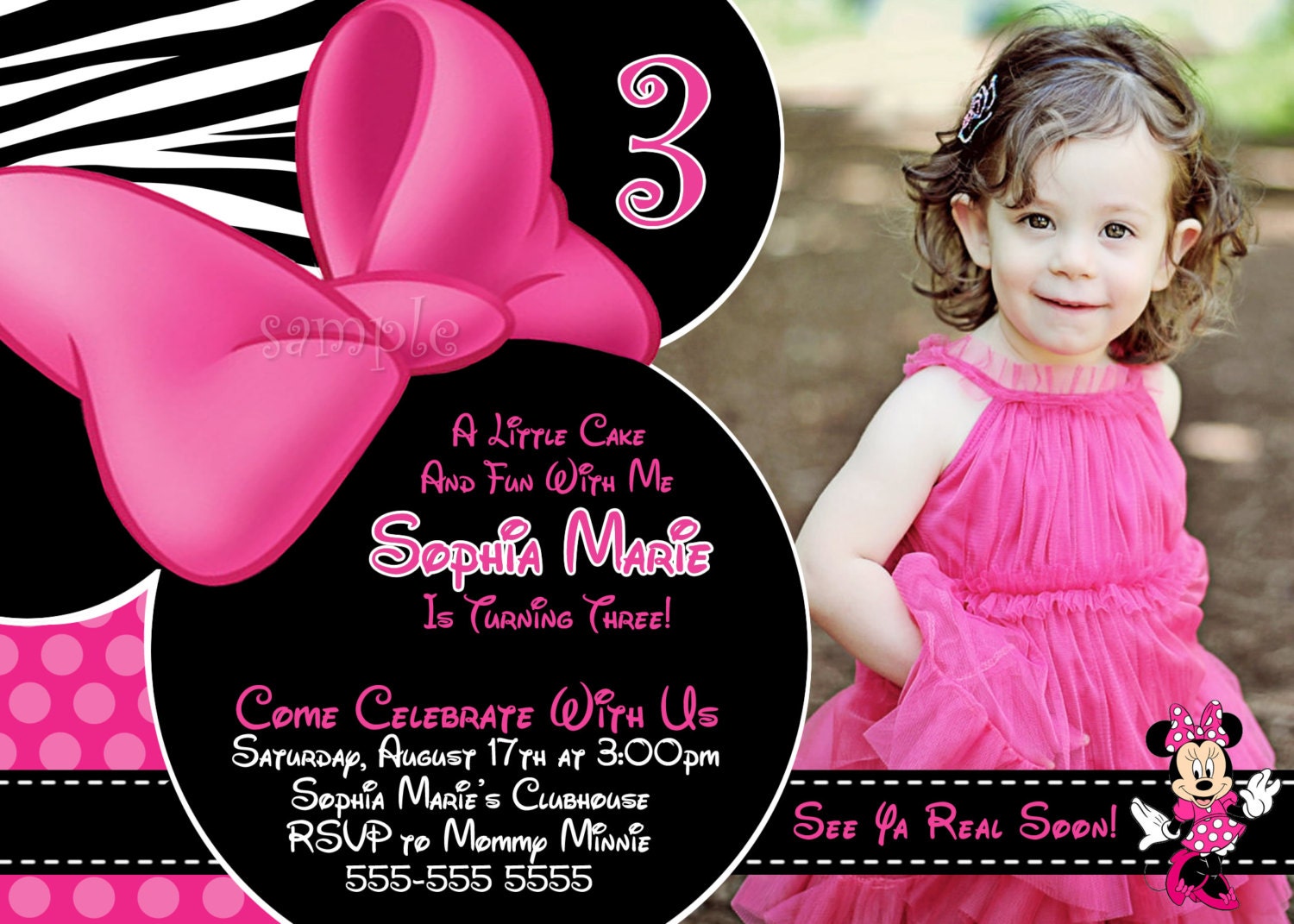 HUGE SELECTION Minnie Mouse Invitation, Light Pink And Black Minnie Mouse Invitation, Pink And Black Minnie Mouse Invitation