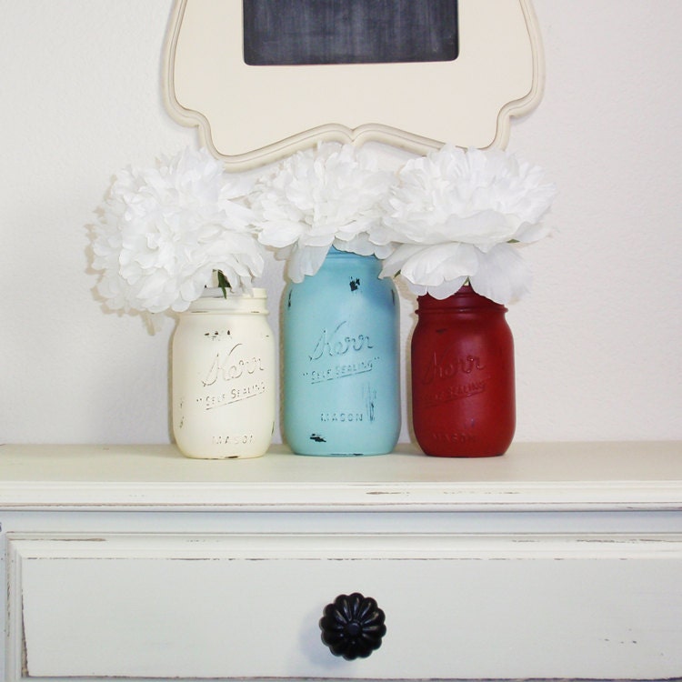 3- Hand Painted Mason Jars Flower Vases-Country Decor-Cottage Chic-Shabby Chic-French Chic