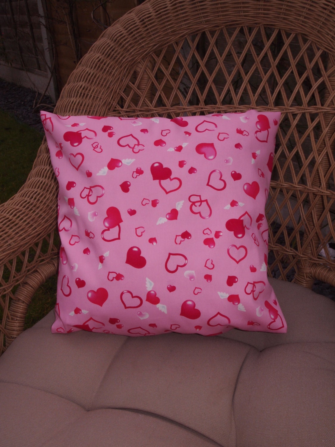 Handmade Pink Hearts & Wings Cushion Cover - 16" Love Heaven Angel Vintage Rockabilly Candy Tattoo Goth Gothic Love Pirates Sailor Sailing