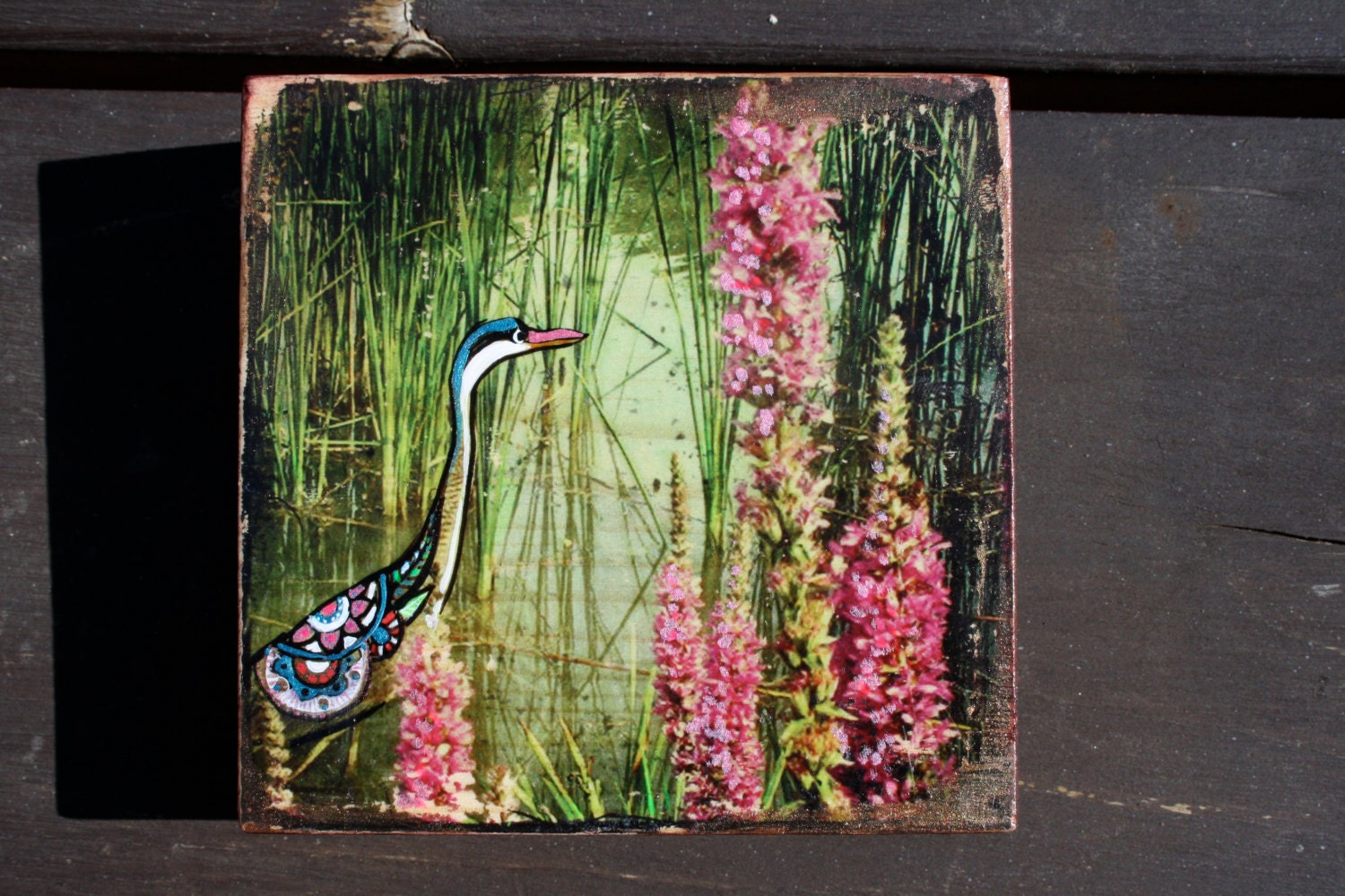 Heron painted on recycled wood block - Avoxtar
