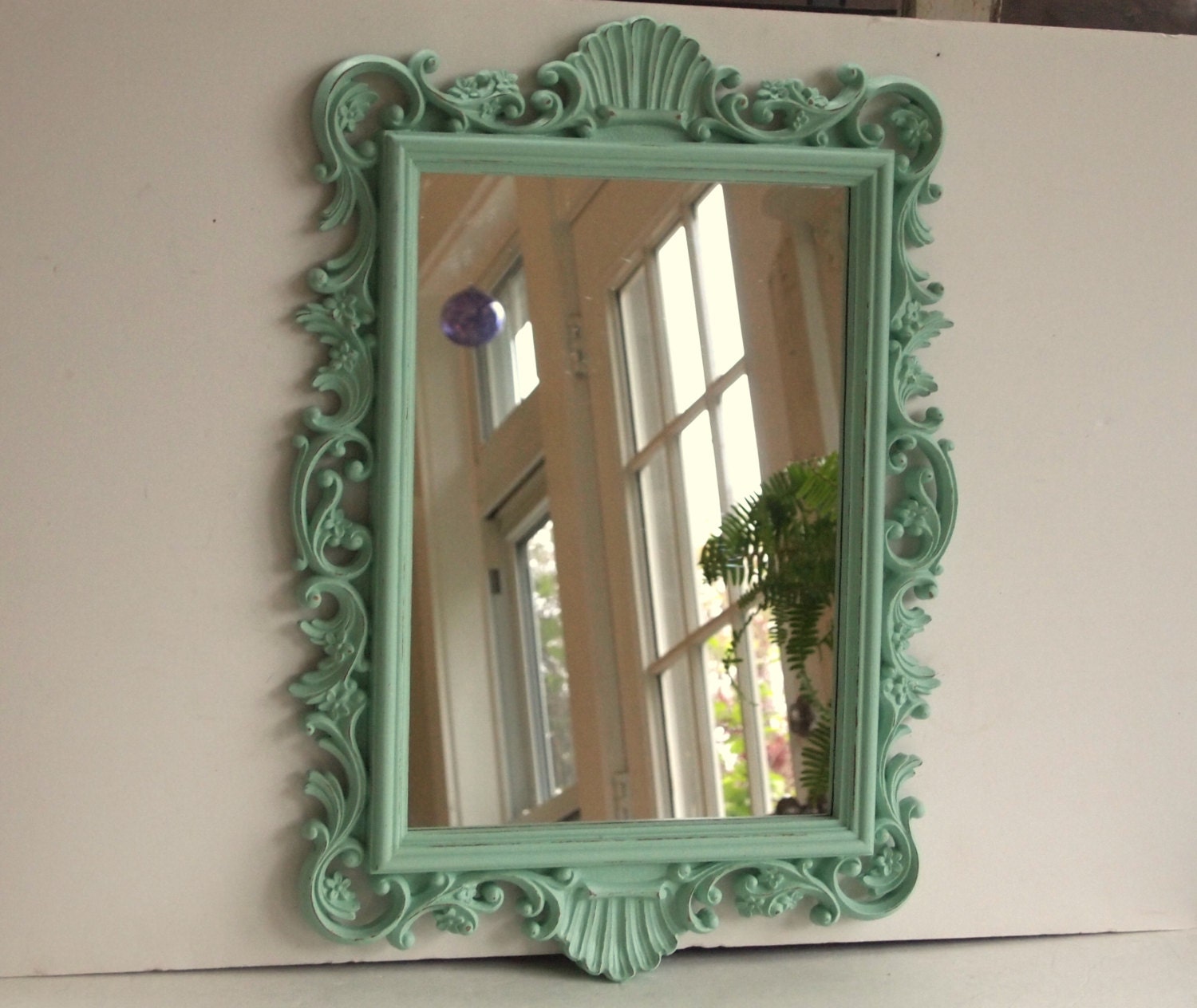 Mirror Vintage Large Ornate Baroque Shell Design Painted Aqua And Distressed Shabby Chic Victorian Wall Decor