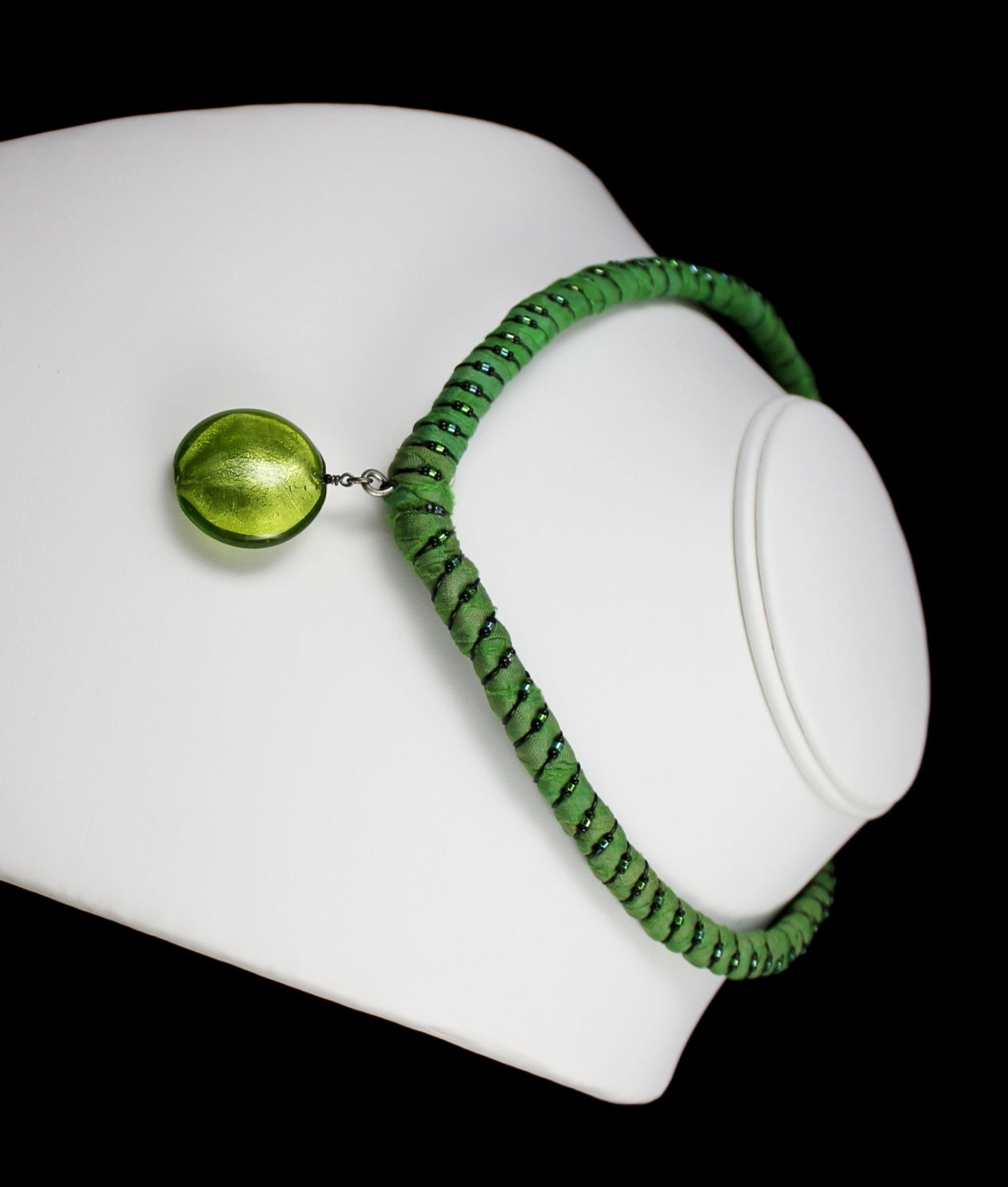 Green Wire Wrapped Sari Silk Cuff / Choker Necklace with Delica Beads and Round Lampwork Foil Bead Pendant - Unique, OOAK