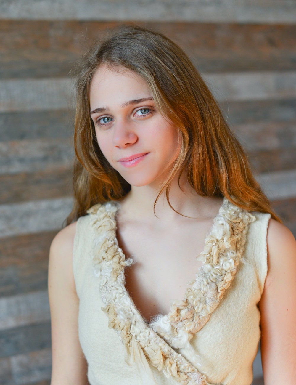 Reseved Boho Felted Textured Vest Evening waistcoat Women Felted Merino Wool Silk Felt Elegant Ivory Handmade