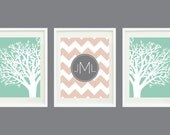 Personalized Chevron Monogram Family Tree Art Print Set of 3 for Nursery, Kids Room or Home Decor - 8"x10" - Choose your own colors