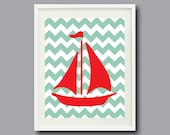 Nautical Chevron Boat Print-11x14-Nursery, Kids Room, Home Decor-Grayed Jade and Red OR Choose colors