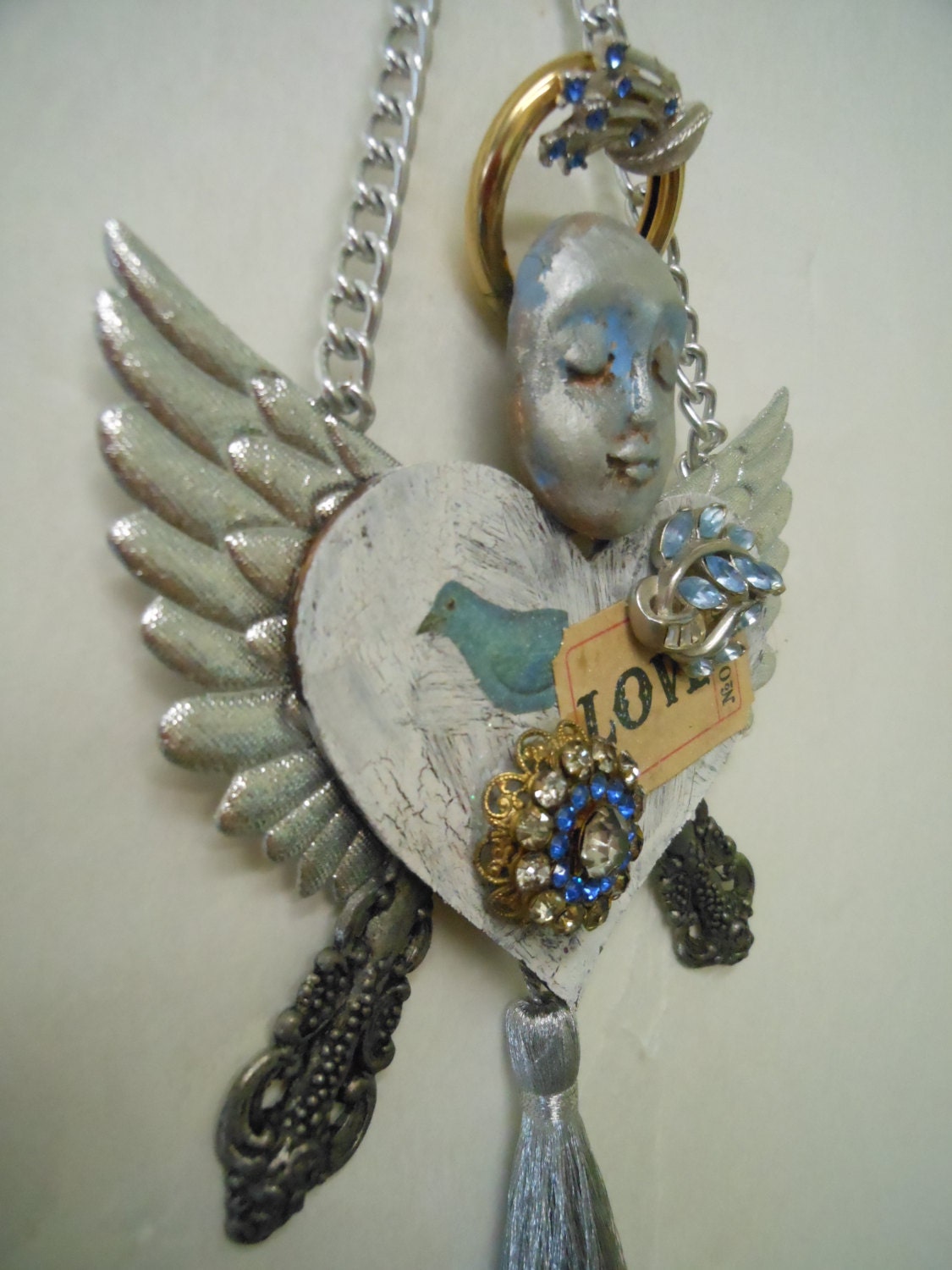 Original Mixed Media, Original Found Object Art, Original Altered Art, Vintage Jewelry Art, Blue Rhinestones, Original Assemblage, Angel