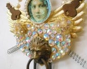 Assemblage, Lions Head, Lion, Angel Wall Hanging, Original Mixed Media, Original Found Object Art, Original Altered Art, Vintage Jewelry Art