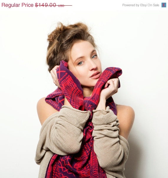 ON SALE Hand printed scarf, Red and Purple women long shawl, Summer fashion, Art to wear by Dikla Levsky