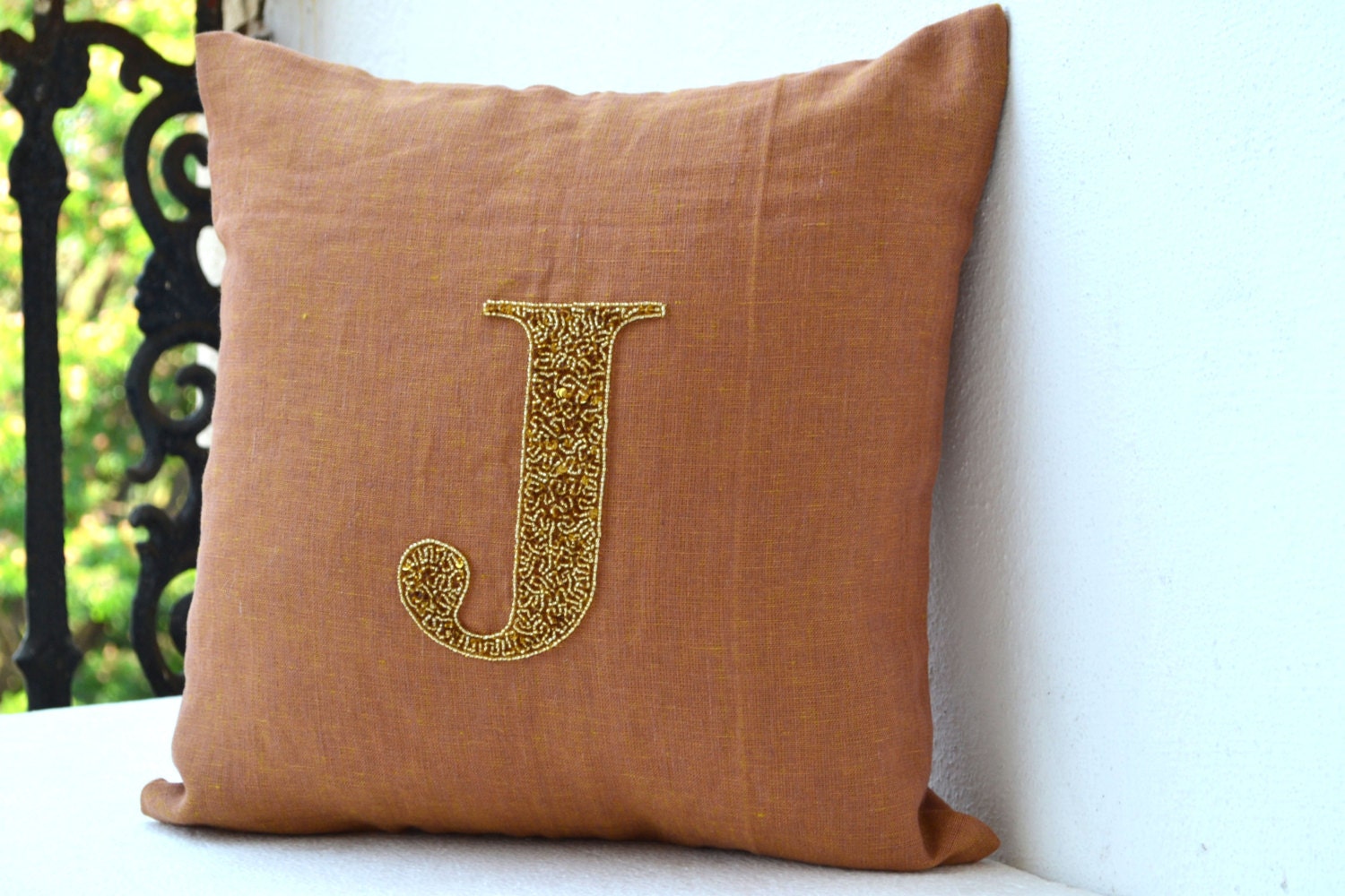 Monogram Pillow -  Gold sequin cushion - Linen pillow - 16X16 accent cushion - Decorative pillow -gift pillow