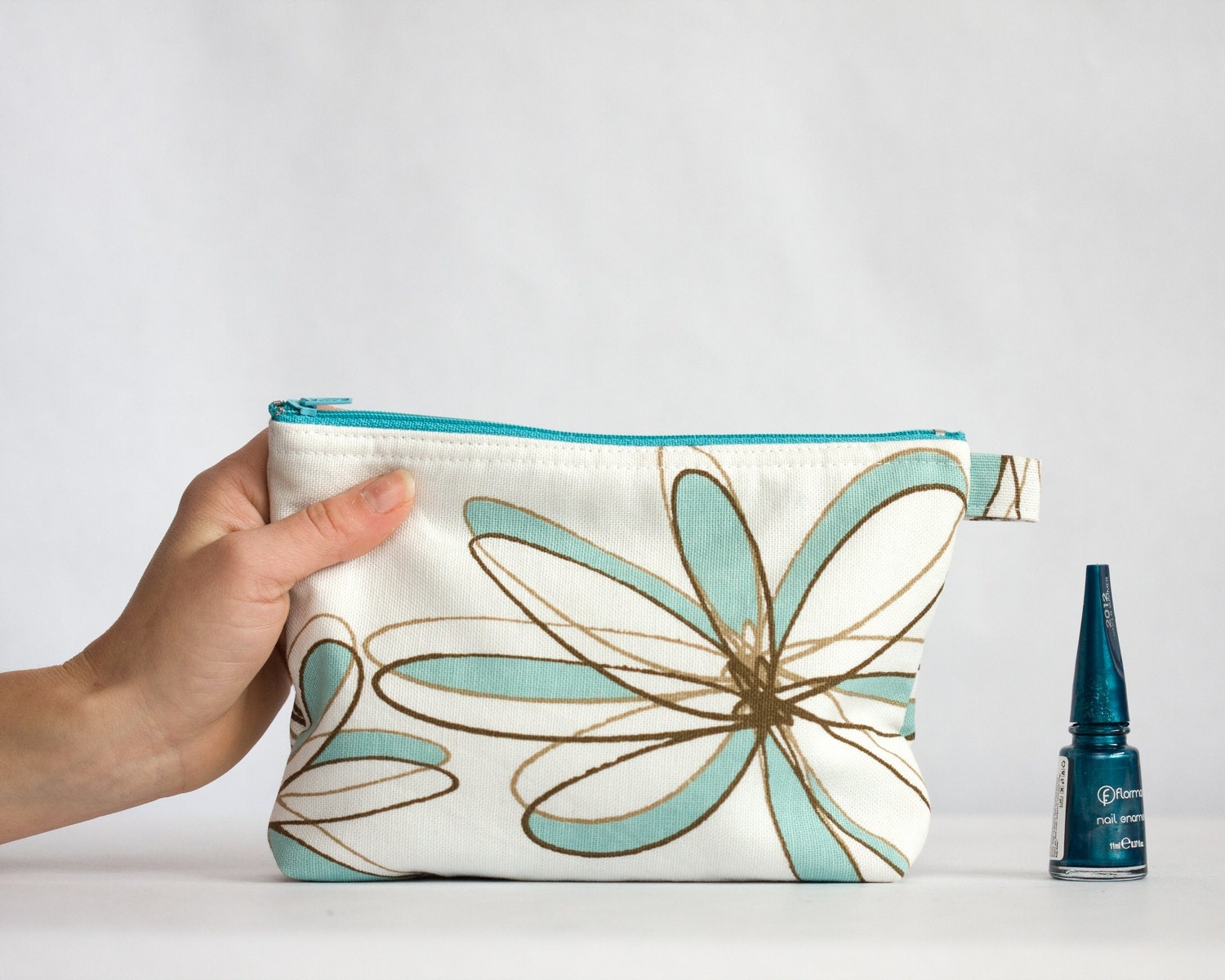 Floral Cosmetic Zipper Pouch, Pastel Blue Bag, Makeup Organizer Bag, Gift for her