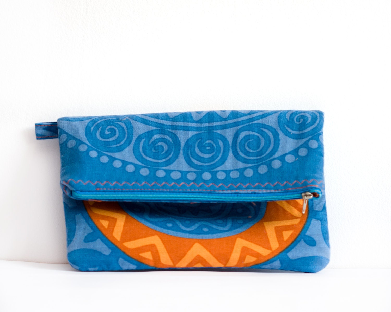 Foldover Clutch, Geometric Purse, Orange Blue Everyday Purse