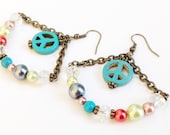 Boho Earrings, peace earrings, Turquoise and Pearls,  Dangle, Chandelier, Pearls and Crystals with turquoise peace sign charm