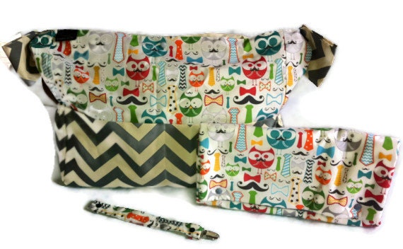 ULTIMATE TRENDY Diaper Bag/Diaper Clutch/Owls Mustache and Chevron Diaper Bag/ Organic